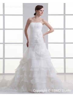 Ivory Ruffles / Hand Made Flower Organza A-line Sleeveless Zipper Strapless Sweep Empire Wedding Dress