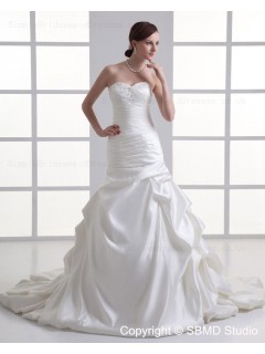 Satin Ivory A-line Sleeveless Sweetheart Court Lace Up Ruffles / Beading Natural Wedding Dress