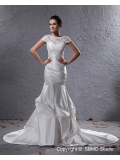 Bateau Zipper Cap Sleeve Ivory Dropped Applique / Beading Court Mermaid Taffeta Wedding Dress