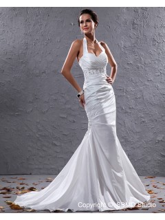 Taffeta Court Ivory Sleeveless Pleat / Beading Halter Lace Up Mermaid Empire Wedding Dress