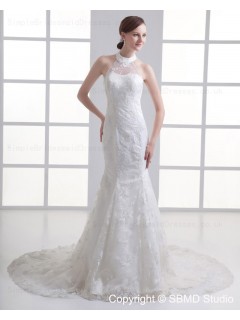 Lace Up Applique / Beading Mermaid Dropped Ivory Sleeveless Court Tulle / Satin Jewel Wedding Dress