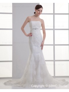 Hand Made Flower / Beading Tulle Sleeveless Mermaid Empire Beteau Ivory Zipper Court Wedding Dress