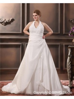 Satin Size A-line / Plus Sleeveless Applique Zipper Empire Ivory Halter Court Wedding Dress