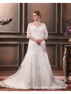 V Neck Lace Court Applique / Beading Dropped Sleeve Long Ivory Zipper A-line / Plus Size Wedding Dress