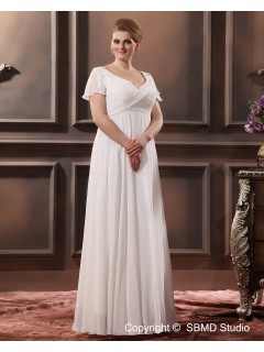 Zipper Satin / Chiffon Ruffles Sweep V Neck Column / Sheath / Plus Ivory Short Sleeve Size Empire Wedding Dress