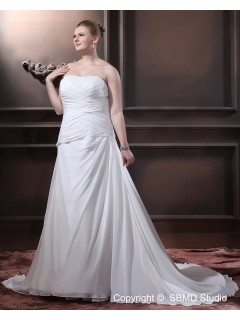 A-line / Plus Sleeveless Empire Sweep Ivory Satin / Chiffon Size Ruffles / Beading Strapless Lace Up Wedding Dress