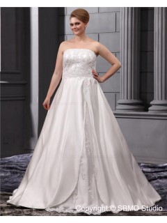 Bateau A-line / Plus Lace Up Sleeveless Sweep Natural Ivory Satin / Lace Size Embroidery / Beading Wedding Dress