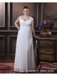 White Chiffon Empire Cap Sleeve Zipper Applique / Ruffles / Sash Size Column / Sheath / Plus Floor-length V Neck Wedding Dress