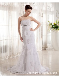 Sleeveless Zipper Mermaid Beading / Lace / Applique / Bow / Sash Strapless Court Empire White Satin Wedding Dress