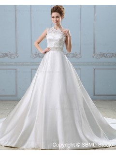 Beading / Sash One Shoulder Empire Zipper A-line Ivory Chapel Sleeveless Satin / Lace Wedding Dress