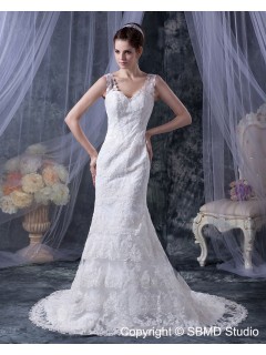 Sleeveless Dropped Ivory Applique / Lace Chapel Mermaid Zipper V Neck Lace / Satin Wedding Dress