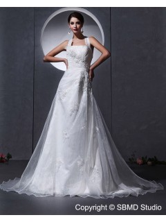 Halter Dropped Sleeveless Applique / Beading / Ruffles White Organza Zipper A-line Chapel Wedding Dress