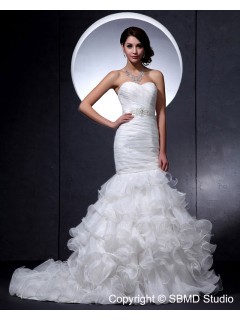 Asymmetrical Sleeveless Ruffles / Beading Sweetheart Satin / Lace Mermaid Zipper Ivory Dropped Wedding Dress