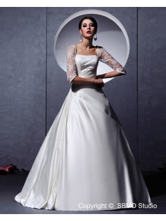 Long Beading / Embroidery / Ruffles Lace Up White Court Sleeve Square Satin Dropped A-line Wedding Dress