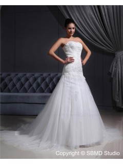 Strapless Sleeveless Lace Up Court Natural Ivory Beading A-line Satin / Tulle Wedding Dress