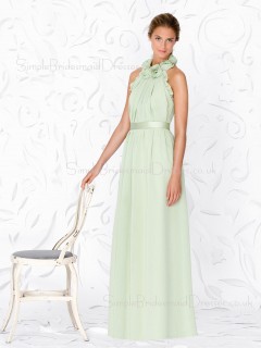 A-line Sleeveless Green Floor-length Draped/Flowers/Ruffles/Sash Bridesmaid Dress