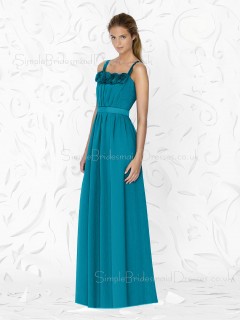 Floor-length Natural Blue Spaghetti-Straps Draped/Flowers/Ruffles/Sash Bridesmaid Dress