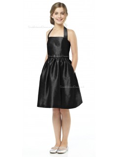 Halter A-line Satin Black Knee-length Junior Bridesmaid Dresses