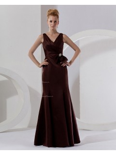 Chocolate Sleeveless Floor-length Ruffles/Bow/Beading V-neck Mermaid Natural Zipper Taffeta Bridesmaid Dress