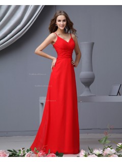 Sleeveless Spaghetti-Straps Zipper Chiffon Natural Red A-line Ruffles/Draped Floor-length Bridesmaid Dress