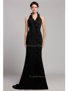 Floor-length Halter Zipper Black Chiffon Mermaid Dropped Sleeveless Tiered Bridesmaid Dress