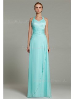 Sheath Floor-length Natural Sleeveless Light-Sky-Blue Beading/Ruffles Zipper Halter Chiffon Bridesmaid Dress