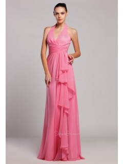 Sleeveless Floor-length Tiered/Ruffles Halter A-line Natural Zipper Chiffon Watermelon Bridesmaid Dress