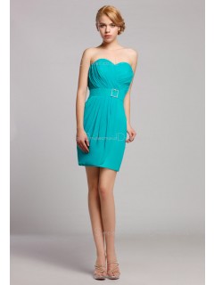 Sleeveless Chiffon Natural Zipper Short-length Mini Ruffles/Sash Sweetheart Blue Bridesmaid Dress