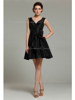 Sleeveless Ruffles/Bow V-neck Black Natural Short-length Taffeta Mini Zipper Bridesmaid Dress