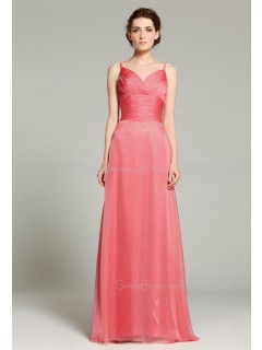 Zipper Spaghetti-Straps Floor-length Chiffon Sleeveless A-line Natural Watermelon Ruffles Bridesmaid Dress