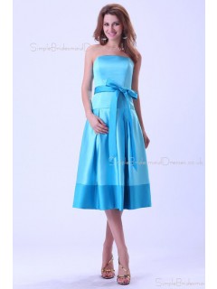 Natural Bow/Sash Zipper Knee-length Strapless Satin Blue Sleeveless A-line Bridesmaid Dress