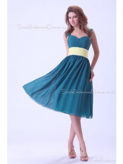 Ocean-Blue Ruffles/Sash Straps Sleeveless Chiffon Natural Zipper A-line Knee-length Bridesmaid Dress