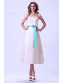 A-line Natural Sleeveless Tea-length Zipper Strapless Satin Ruffles/Sash Ivory Bridesmaid Dress