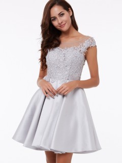 UK Vintage Short Matte Satin Neck Cap Sleeves Appliques Bridesmaid Dress