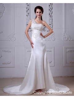 Satin Applique / Ruffles Dropped A-line One Shoulder Sleeveless Zipper Cathedral Ivory Wedding Dress