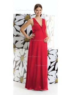 A-line  Draped , Ruffles Chiffon V-neck Floor-length Red Short Sleeve Zipper Natural Maternity Bridesmaid Dresses