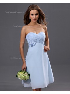 Sleeveless A-line Chiffon Natural Sweetheart Ruffles/Flowers Knee-length Light-Sky-Blue Zipper Bridesmaid Dress