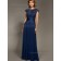 Dark Navy Bateau Short Sleeve Natural Applique Zipper A-line Chiffon Floor-length Mother of the Bride Dress