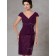 Burgundy V-neck Knee-length Column / Sheath Satin Cap Sleeve Applique Zipper Empire Mother of the Bride Dress