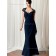 Dark Navy Chiffon Natural Backless V-neck Beading Mermaid Floor-length Cap Sleeve Mother of the Bride Dress