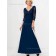 Dark Navy A-line Backless Floor-length Chiffon Lace V-neck Natural Half-Sleeve Mother of the Bride Dress