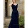 Dark Navy Natural Beading Cap Sleeve Chiffon V-neck Zipper Floor-length A-line Mother of the Bride Dress