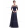Cheap Dark Navy A-line Chiffon Lace Floor-length Bateau Bridesmaid Dress