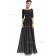 Girls Black A-line Chiffon Lace Floor-length Bateau Bridesmaid Dress