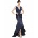 Vintage Amazing Dark Navy Satin Lace Floor-length V-neck Bridesmaid Dress