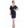 Budget Tiered Dark Navy Knee-length Chiffon Half-Sleeve Empire Column Sheath V-neck Bridesmaid Dress