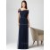 Dark-Navy Floor-length Natural Sheath Short-Sleeve Bridesmaid Dress