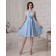 A-line Knee-length Sleeveless Light-Sky-Blue Natural Flowers/Ruffles Zipper Chiffon Halter Bridesmaid Dress