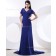 Natural A-line Short-Sleeve Royal-Blue V-neck Ruffles/Draped Chiffon Floor-length Zipper Bridesmaid Dress