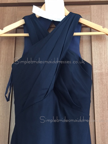Midnight / Dark Navy Satin V-neck Empire Ruched Mermaid Sleeveless Floor-length Bridesmaid Dress